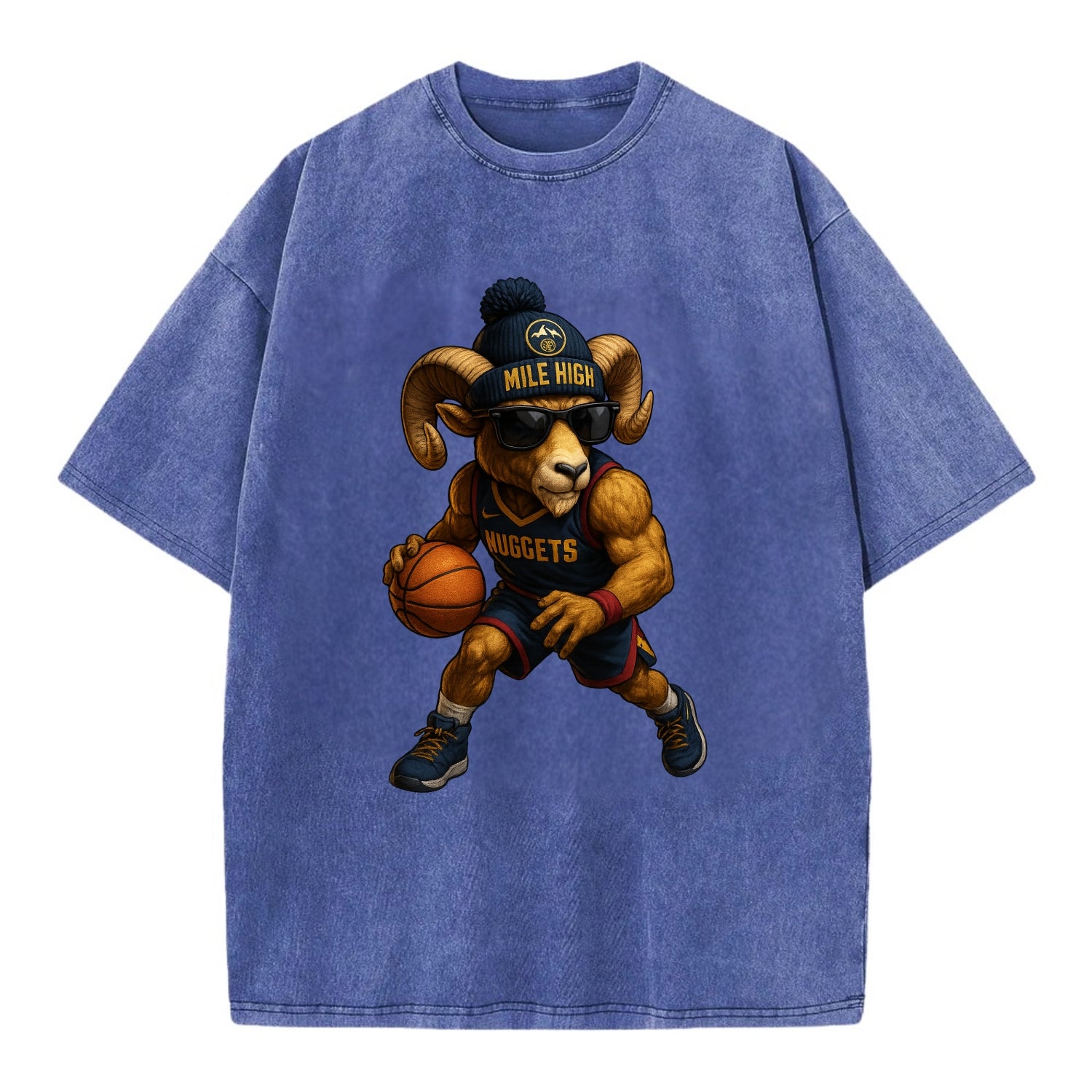 Mile High Bighorn wearing Nuggets beanie with mountain patch and wayfarer - Vintage T-shirt - Blue