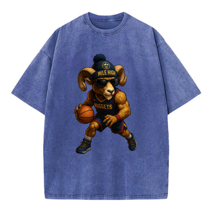 Mile High Bighorn wearing Nuggets beanie with mountain patch and wayfarer - Vintage T-shirt - Blue