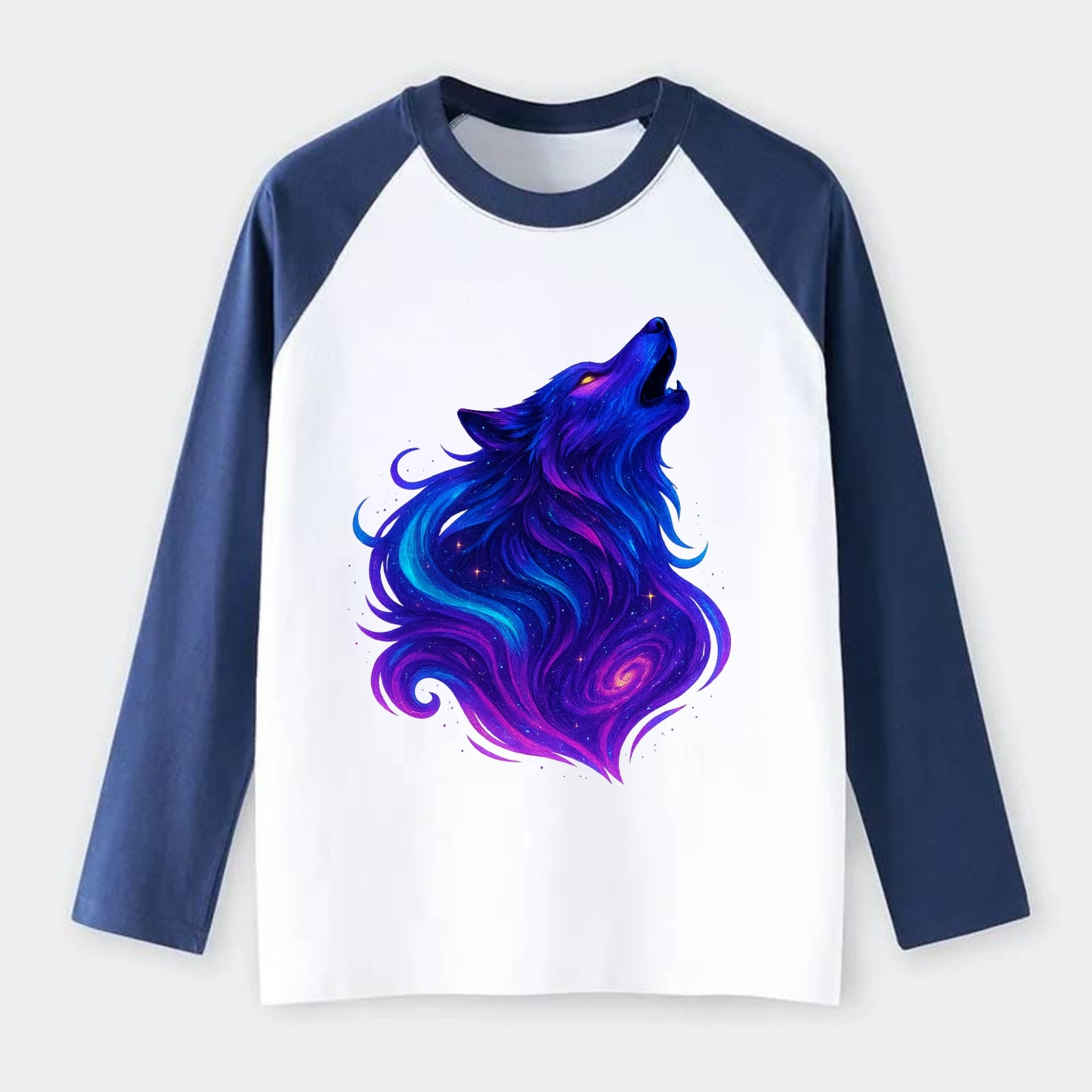 Noble wolf with flowing fur that transforms into aurora borealis - Raglan Long Sleeve T-Shirt - Blue