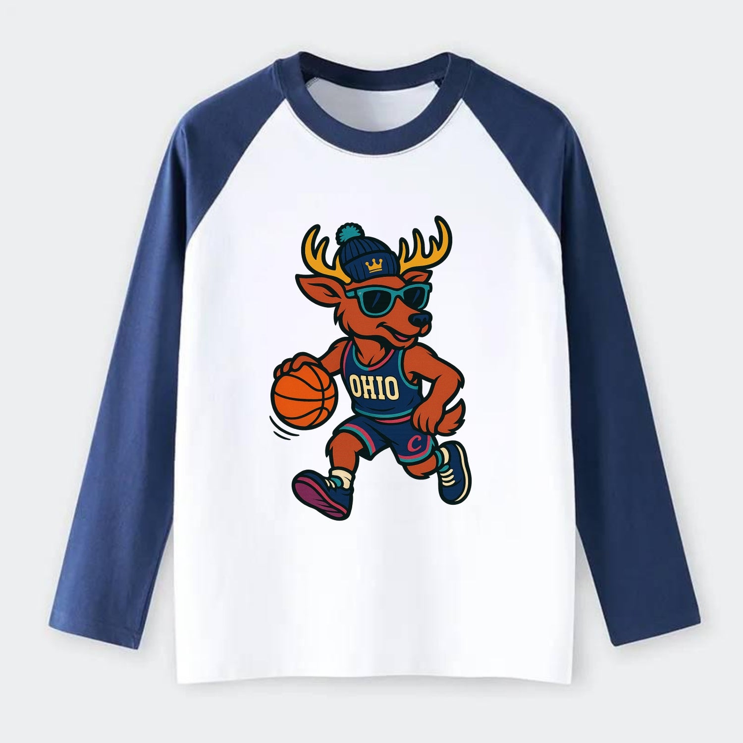 Ohio Deer wearing Cavs beanie with crown patch and wayfarer sunglasses - Raglan Long Sleeve T-Shirt - Blue