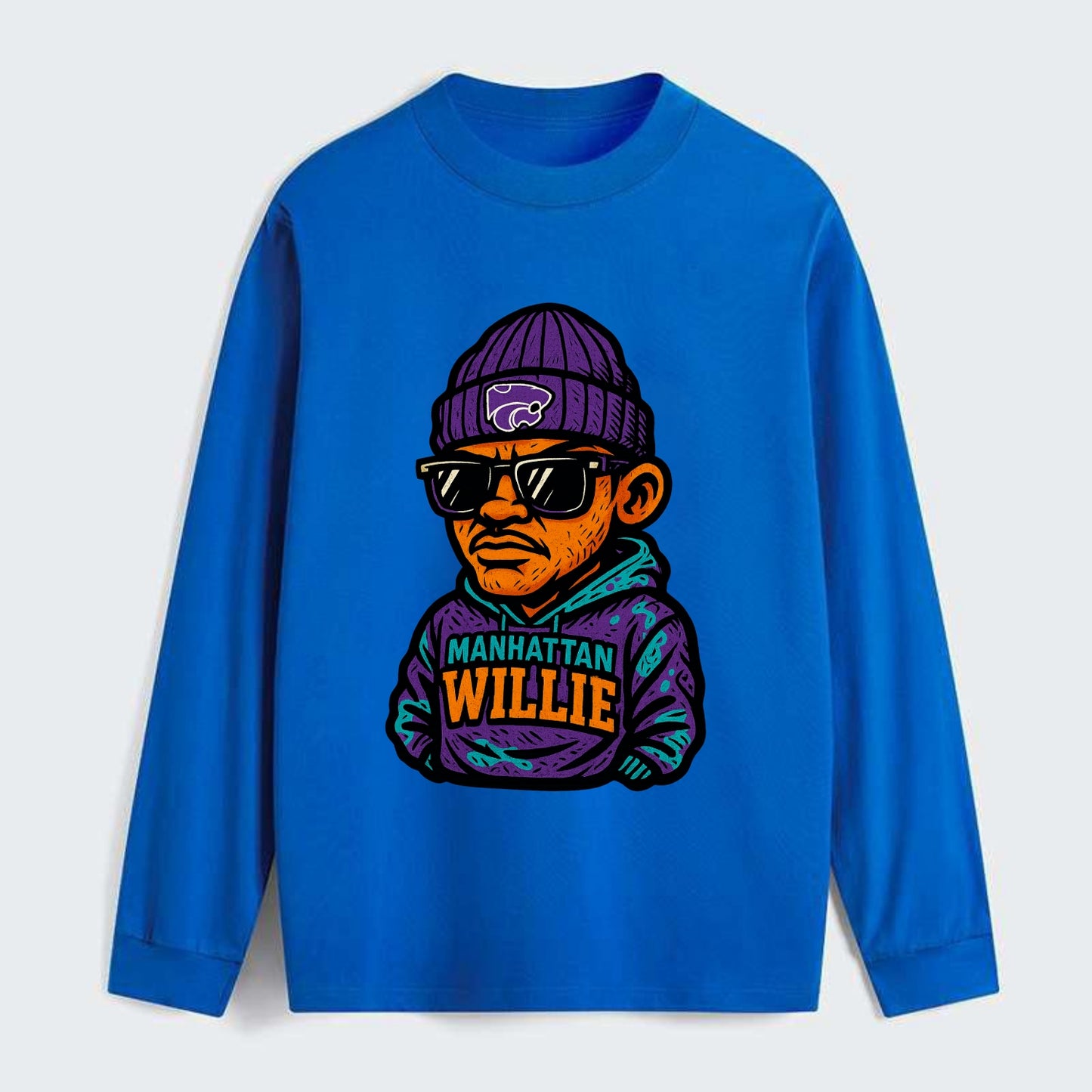 Manhattan Willie wearing Kansas State beanie with powercat patch - Classic Long Sleeve Shirt - Blue