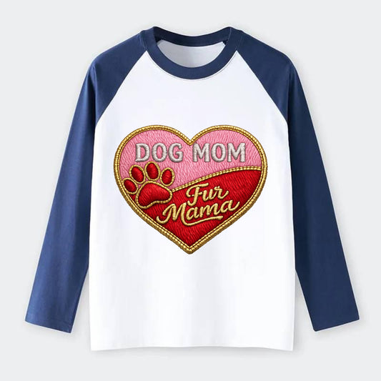DOG MOM HEART - heart with paw print in pink and red , fur mama - Raglan Long Sleeve T-Shirt - Blue