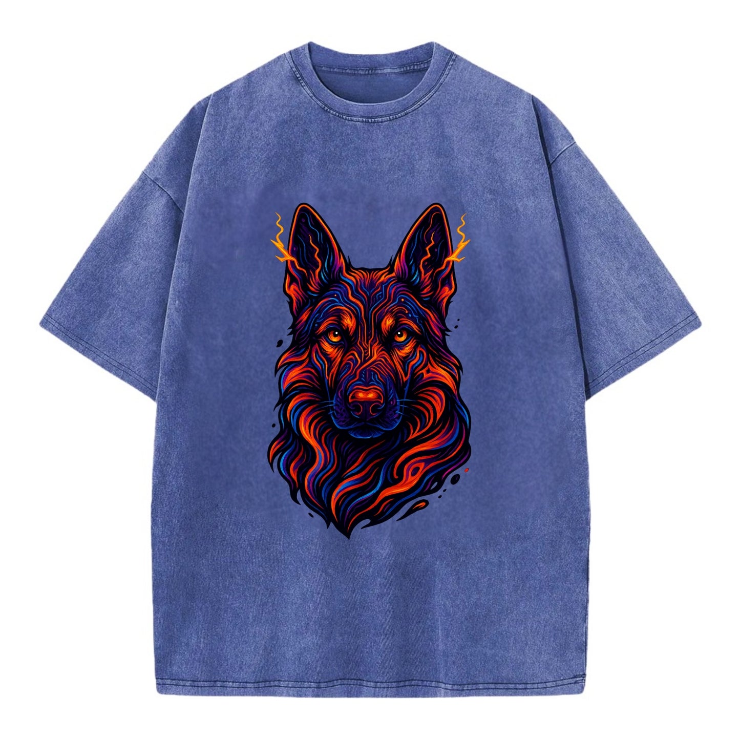 Alert German Shepherd with cyber circuit patterns in the fur, neon orange and - Vintage T-shirt - Blue