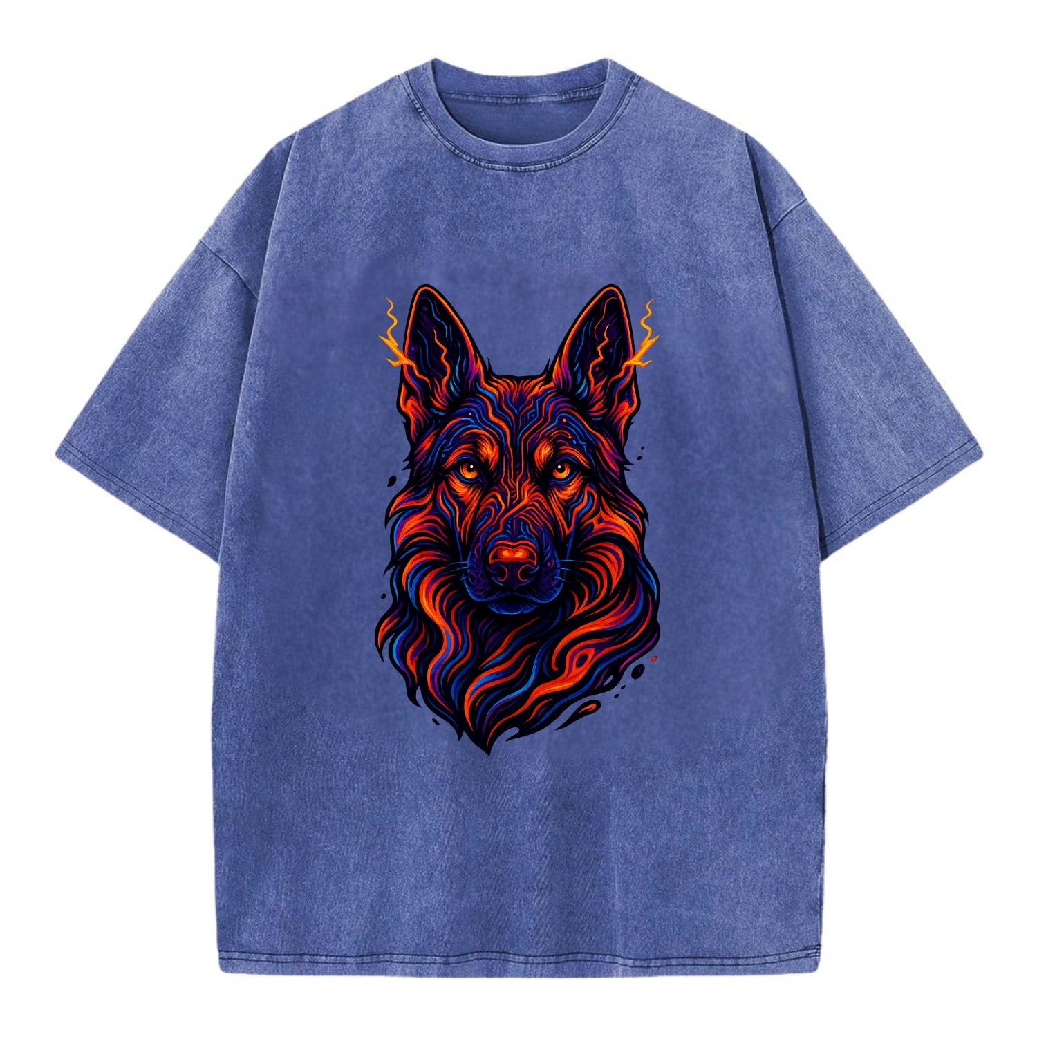Alert German Shepherd with cyber circuit patterns in the fur, neon orange and - Vintage T-shirt - Blue