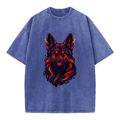 Alert German Shepherd with cyber circuit patterns in the fur, neon orange and - Vintage T-shirt - Blue