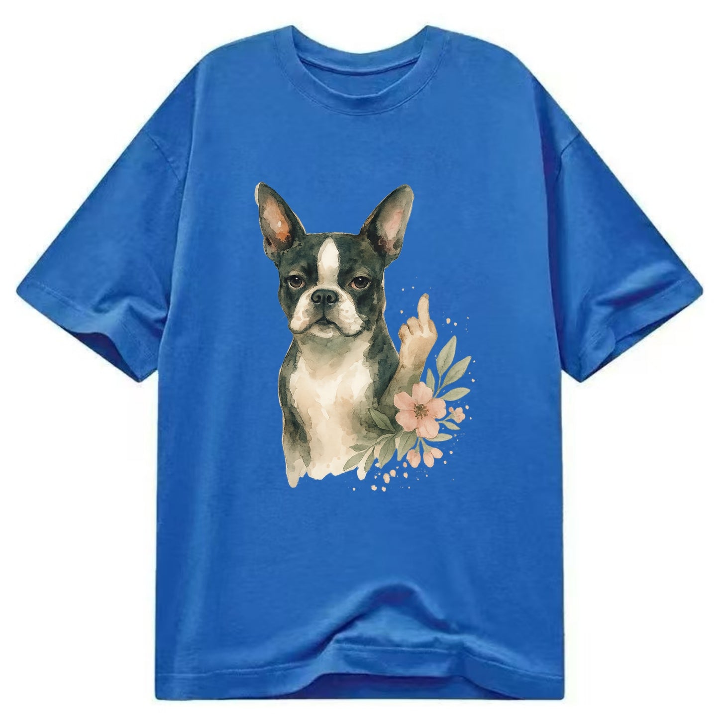 Boston Terrier with tuxedo markings, perky ears, paw up giving sass - Classic T-shirt - Blue