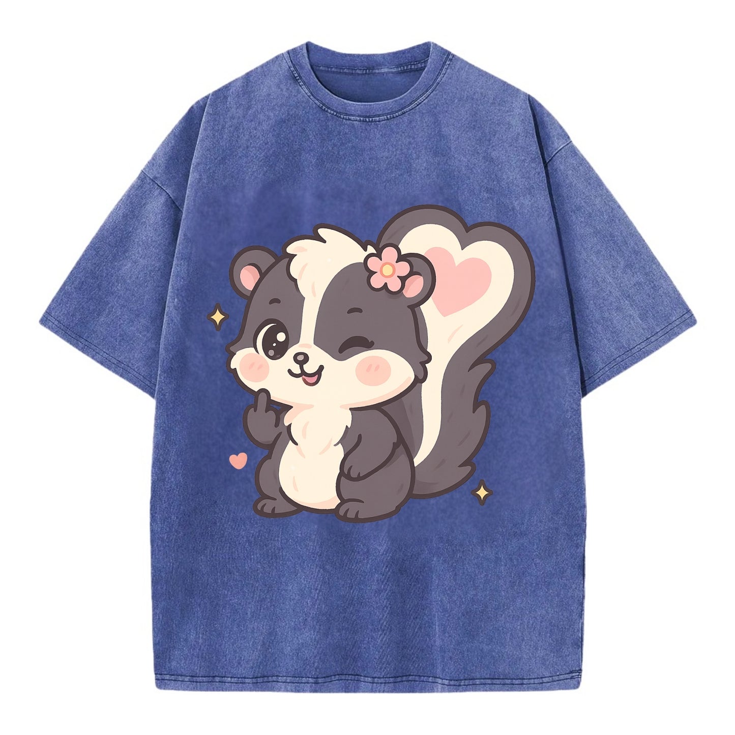 fluffy skunk with heart-shaped tail pattern, one paw up showing sass - Vintage T-shirt - Blue