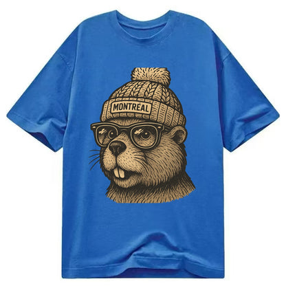 Montreal Beaver wearing Montreal beanie with pom pom and wayfarer sunglasses - Classic T-shirt - Blue