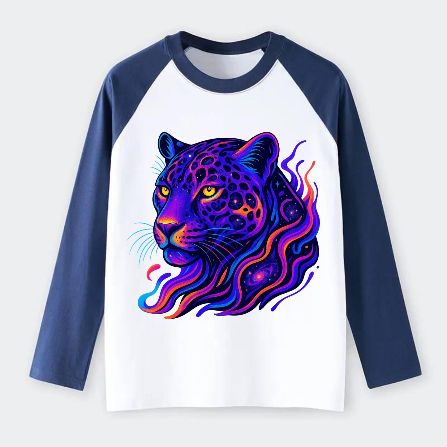 Powerful jaguar with rosettes containing miniature galaxies, cosmic - Raglan Long Sleeve T-Shirt - Blue