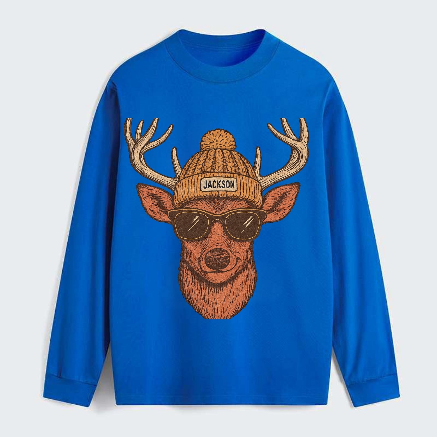 Mississippi White-tailed Deer wearing Jackson beanie with pom pom and - Classic Long Sleeve Shirt - Blue