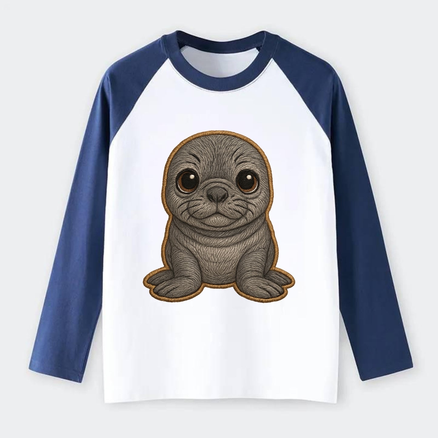 Baby Elephant Seal - gray wrinkly, tiny trunk nose, big dark eyes, - Raglan Long Sleeve T-Shirt - Blue
