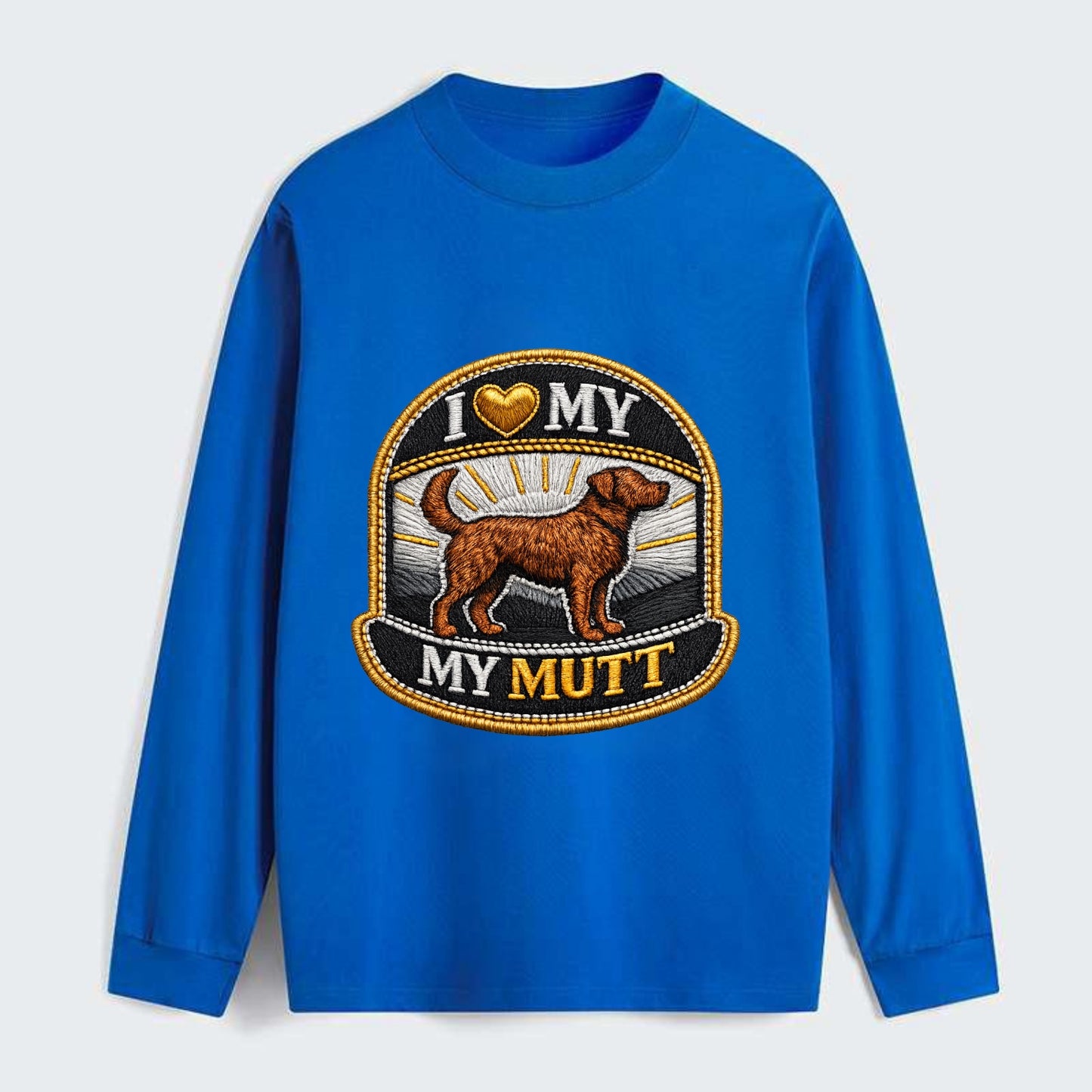 I LOVE MY MUTT - mixed breed silhouette in brown , rescue pride - Classic Long Sleeve Shirt - Blue