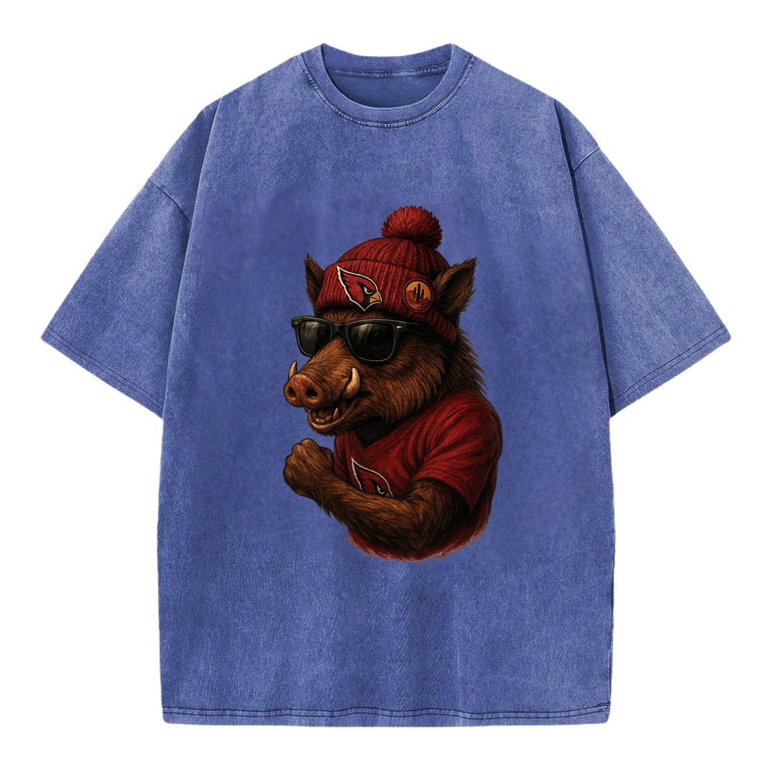 Arizona Javelina wearing Cardinals beanie with desert patch and wayfarer - Vintage T-shirt - Blue