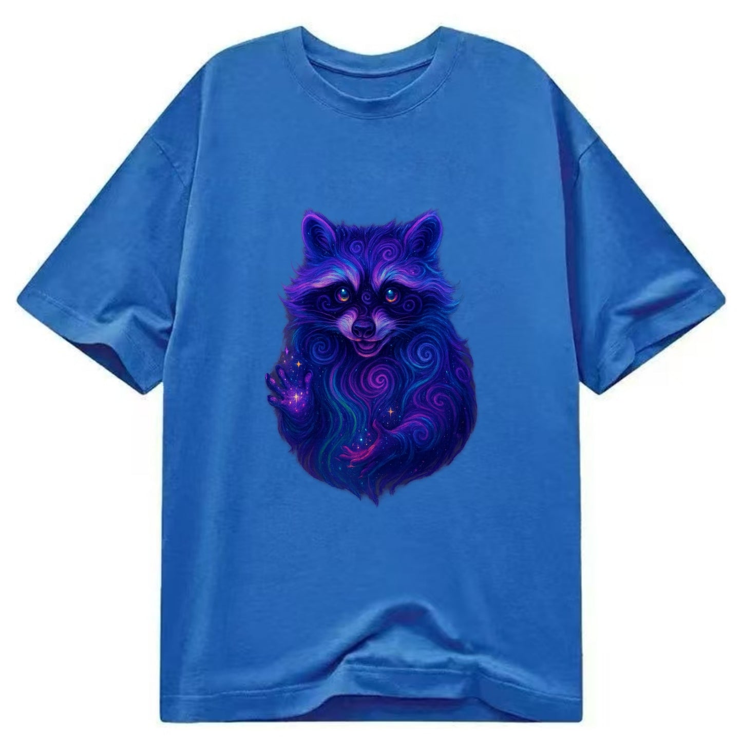 Playful raccoon with mask swirling in hypnotic patterns, neon purple and green - Classic T-shirt - Blue