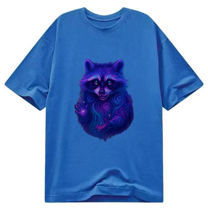Playful raccoon with mask swirling in hypnotic patterns, neon purple and green - Classic T-shirt - Blue