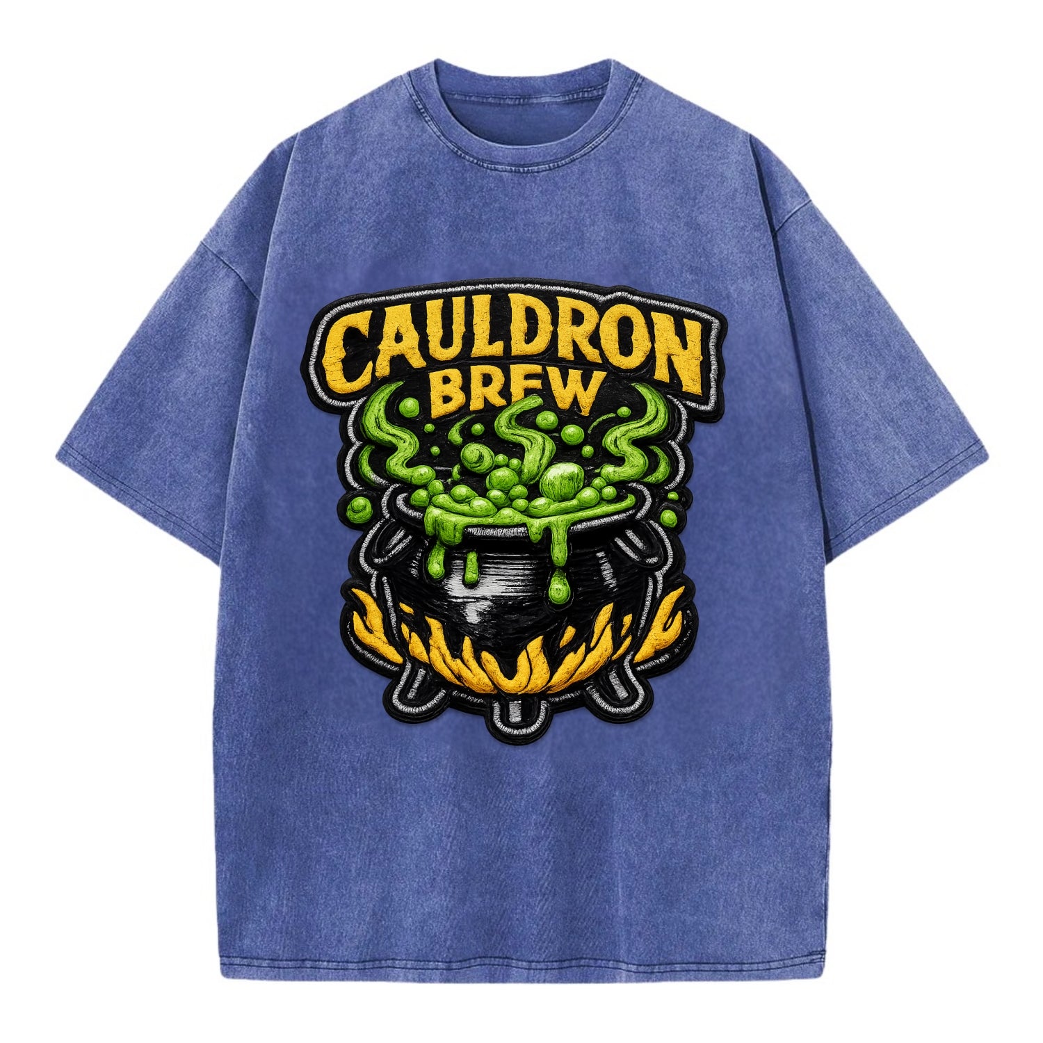 CAULDRON BREW - bubbling pot in black and green , witch craft - Vintage T-shirt - Blue