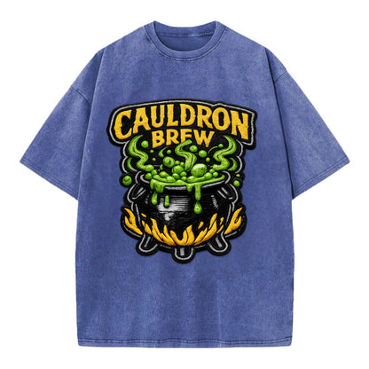 CAULDRON BREW - bubbling pot in black and green , witch craft - Vintage T-shirt - Blue
