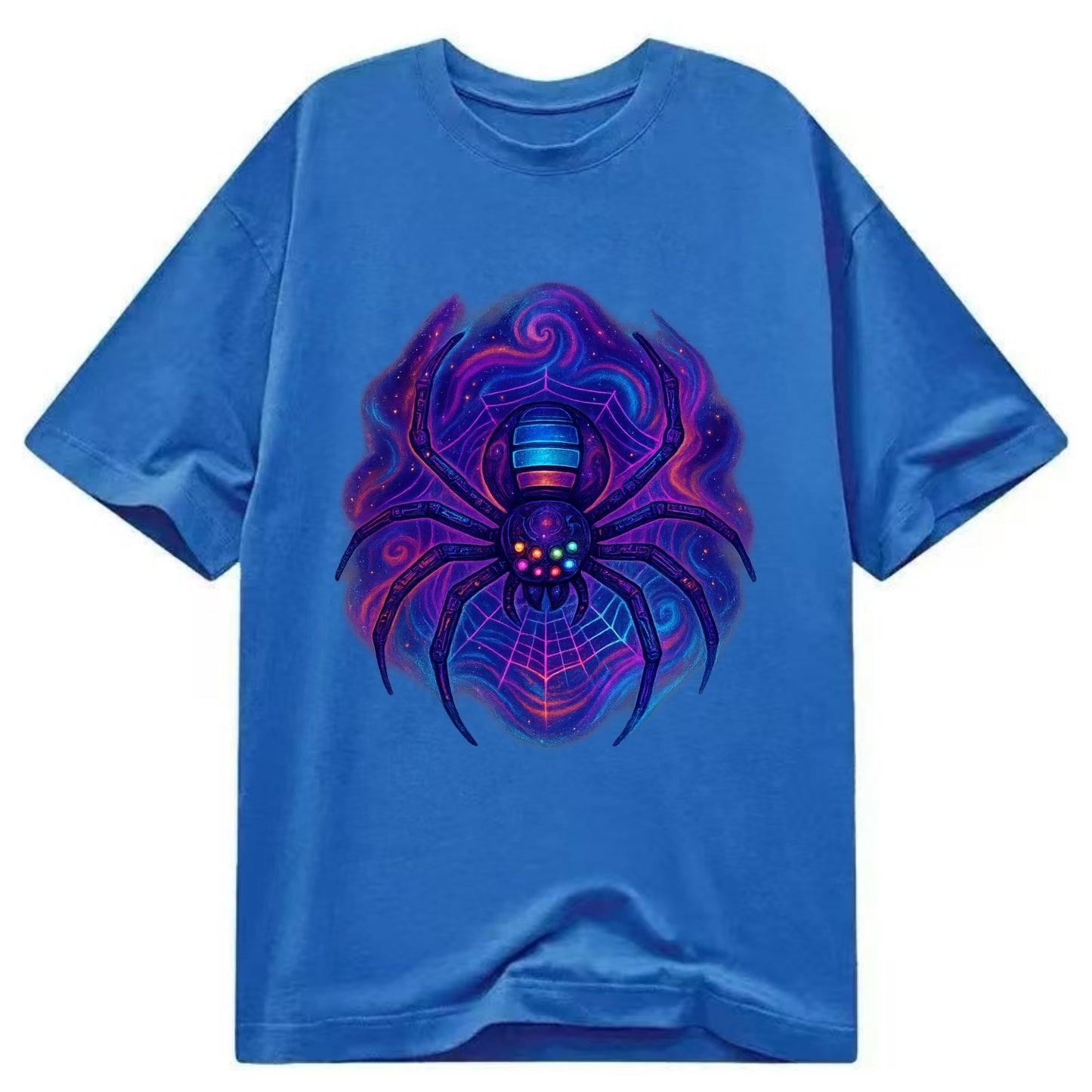 Tech spider with legs showing circuit board patterns, web glowing in neon grid - Classic T-shirt - Blue