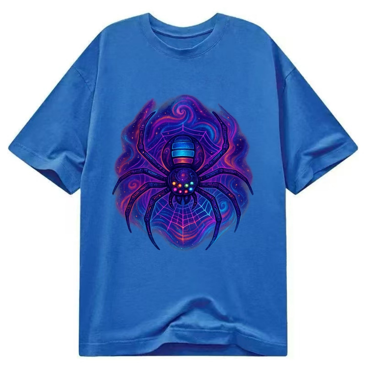 Tech spider with legs showing circuit board patterns, web glowing in neon grid - Classic T-shirt - Blue