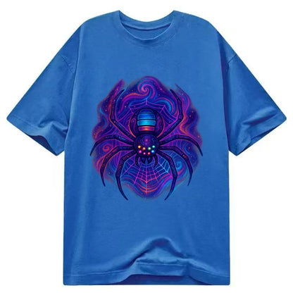 Tech spider with legs showing circuit board patterns, web glowing in neon grid - Classic T-shirt - Blue