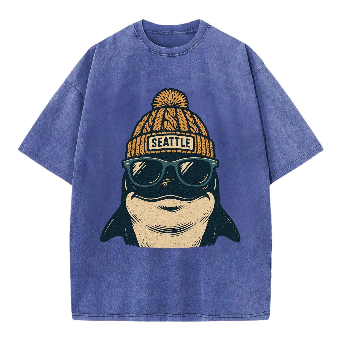 Seattle Orca wearing Seattle beanie with pom pom and wayfarer sunglasses - Vintage T-shirt - Blue