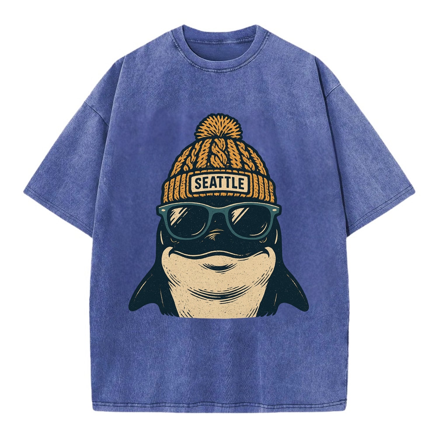 Seattle Orca wearing Seattle beanie with pom pom and wayfarer sunglasses - Vintage T-shirt - Blue