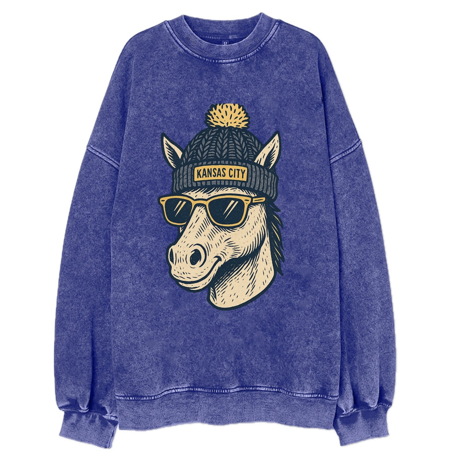 Missouri Mule wearing Kansas City beanie with pom pom and wayfarer sunglasses - Vintage Sweatshirt - Blue