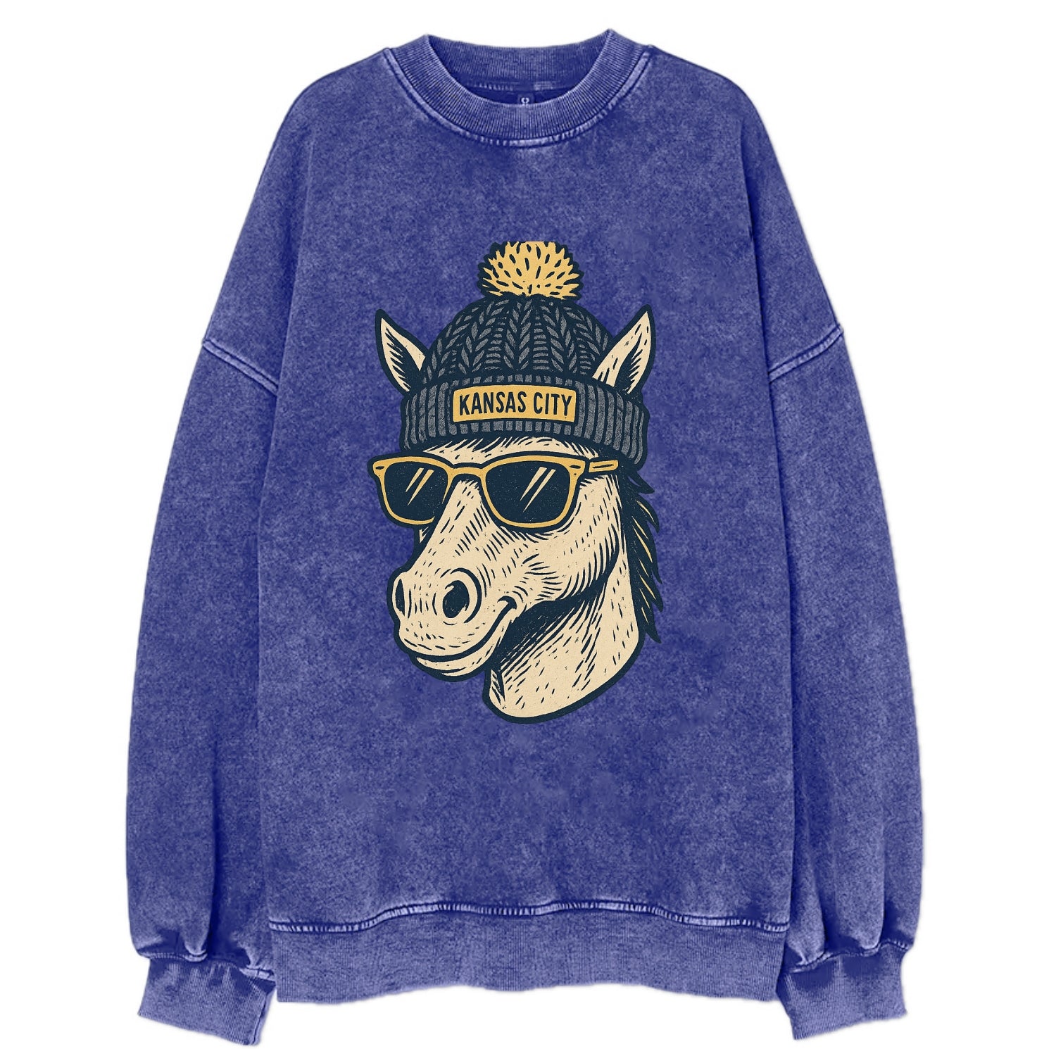 Missouri Mule wearing Kansas City beanie with pom pom and wayfarer sunglasses - Vintage Sweatshirt - Blue