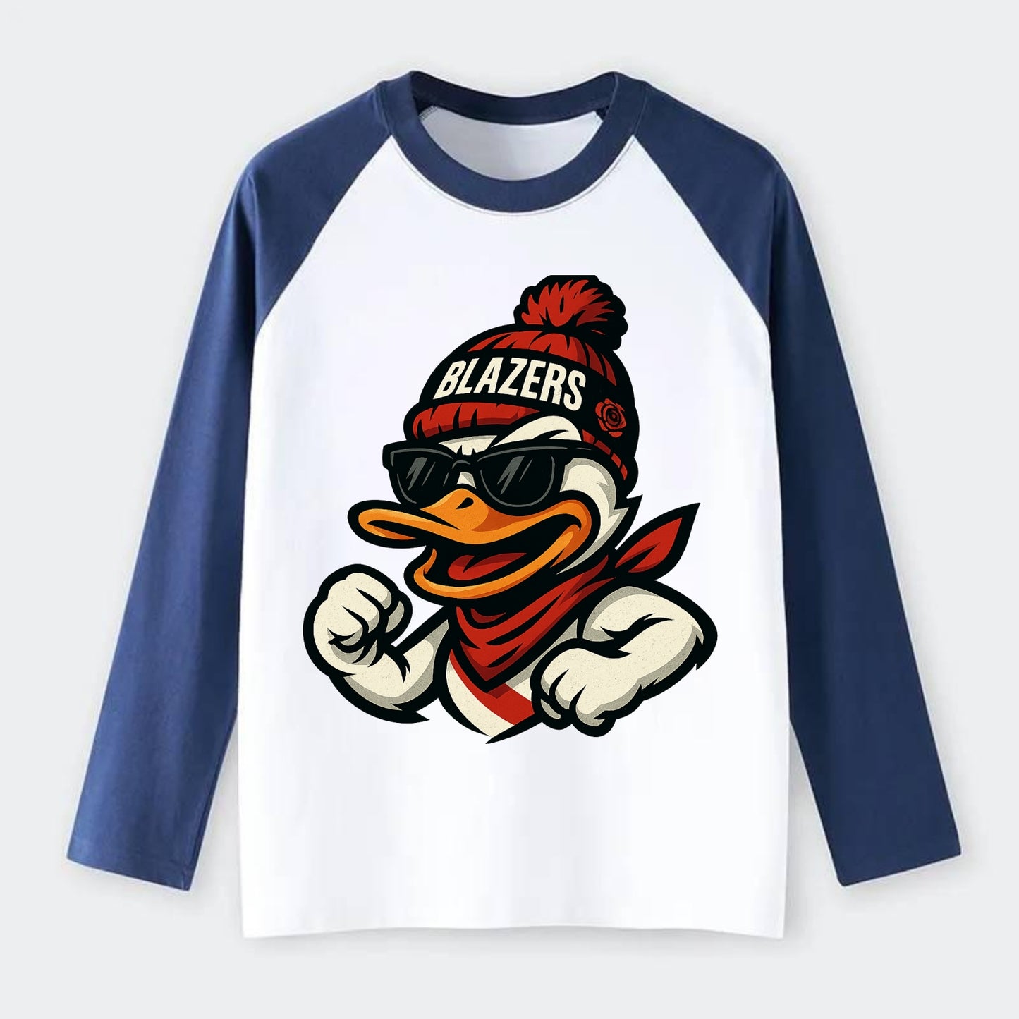 Oregon Duck wearing Trail Blazers beanie with rose patch and wayfarer - Raglan Long Sleeve T-Shirt - Blue