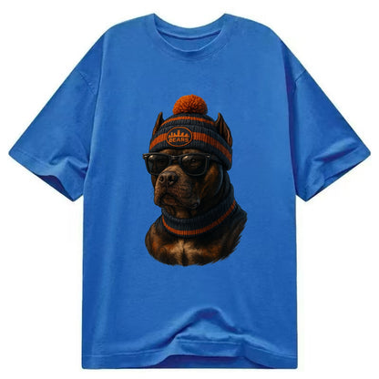 Chicago Pitbull wearing Bears beanie with skyline patch and wayfarer sunglasses - Classic T-shirt - Blue