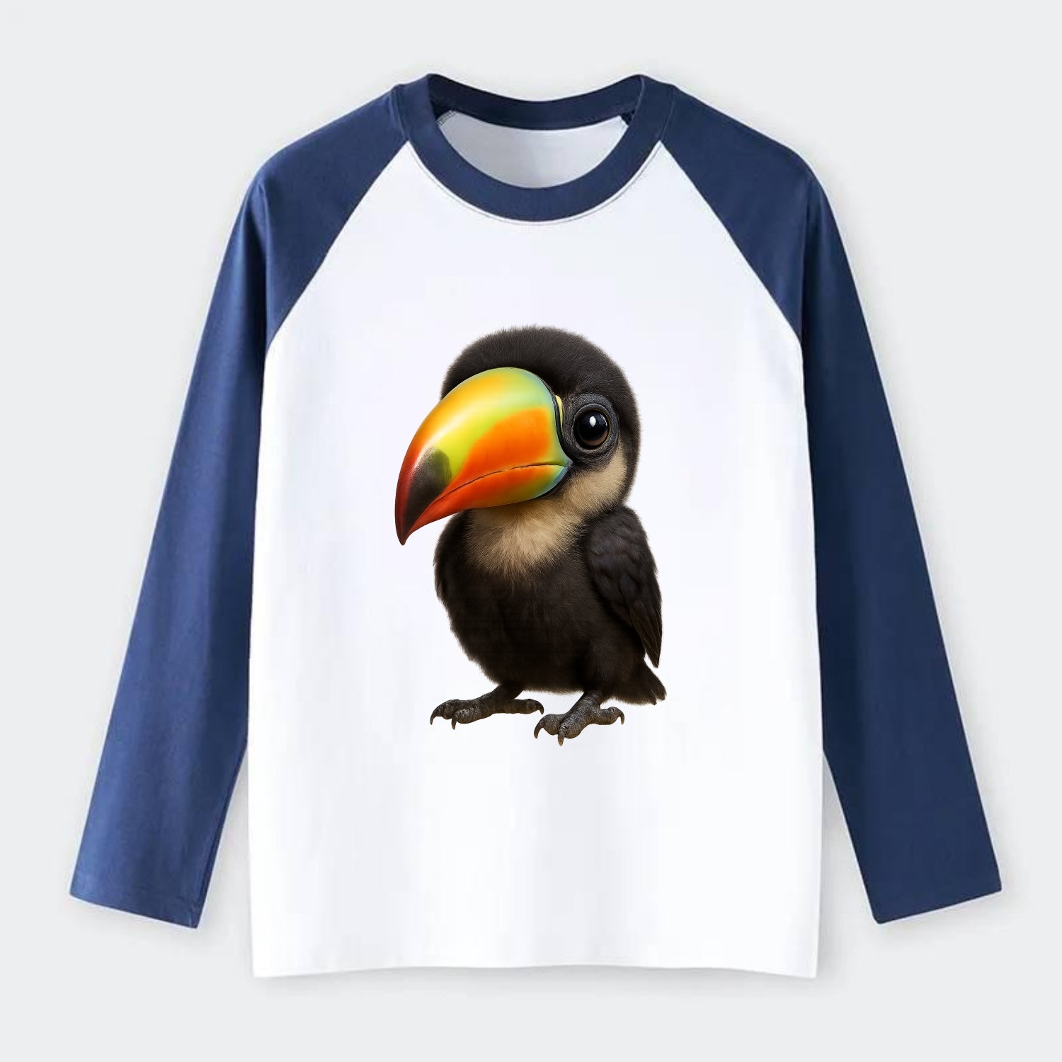 Baby Toucan - oversized colorful beak, black feathers, bright eyes, - Raglan Long Sleeve T-Shirt - Blue