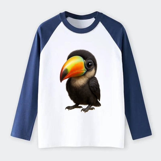 Baby Toucan - oversized colorful beak, black feathers, bright eyes, - Raglan Long Sleeve T-Shirt - Blue