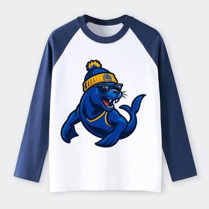 Bay Area Sea Lion wearing Warriors blue and gold beanie with Golden - Raglan Long Sleeve T-Shirt - Blue