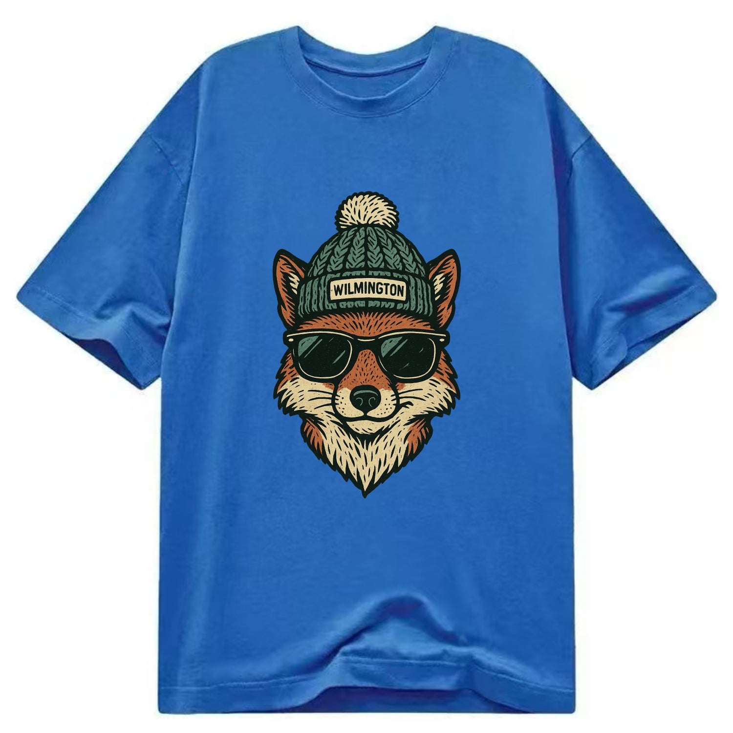 Delaware Gray Fox wearing Wilmington beanie with pom pom and wayfarer sunglasses - Classic T-shirt - Blue