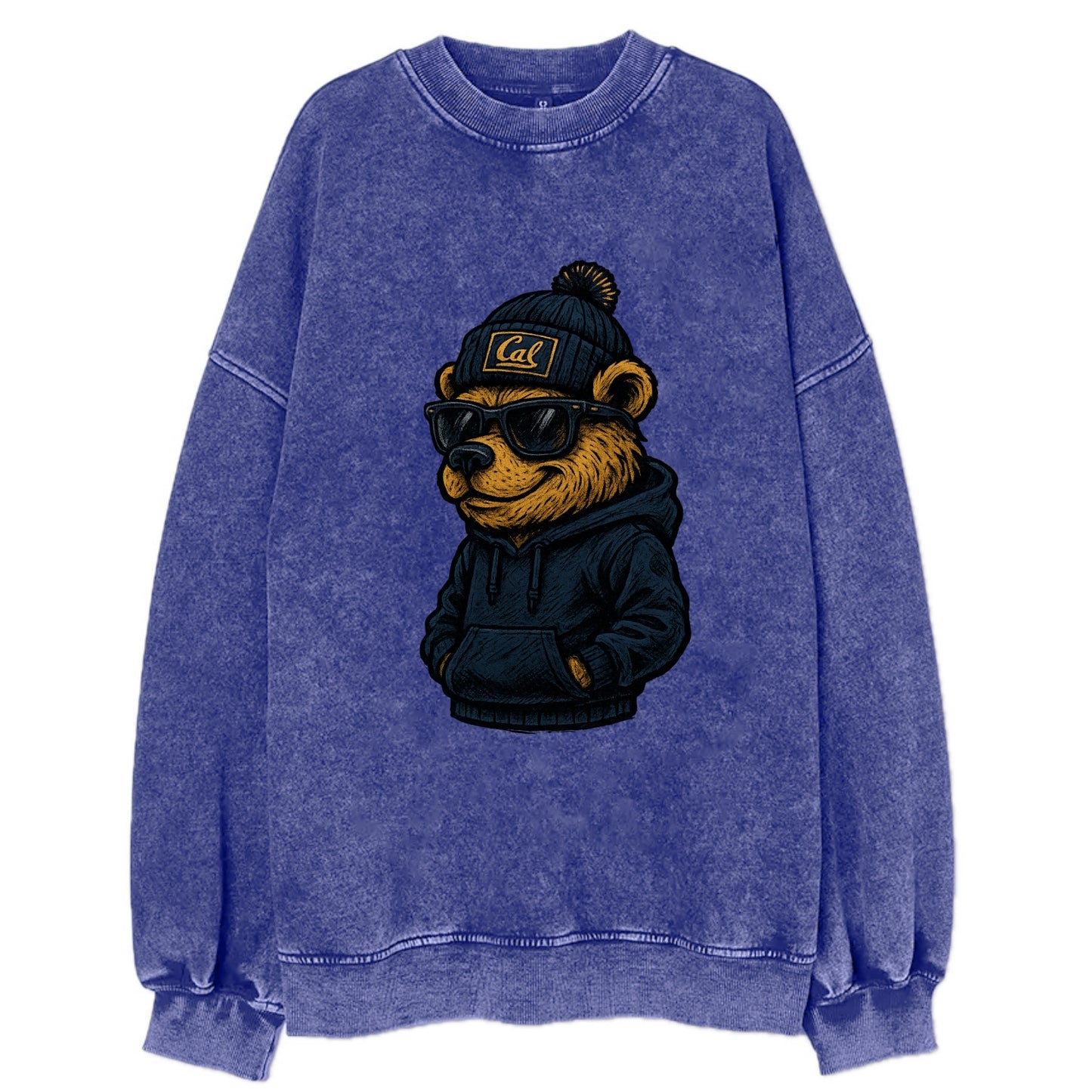 Berkeley Bear wearing Cal beanie with script patch - Vintage Sweatshirt - Blue