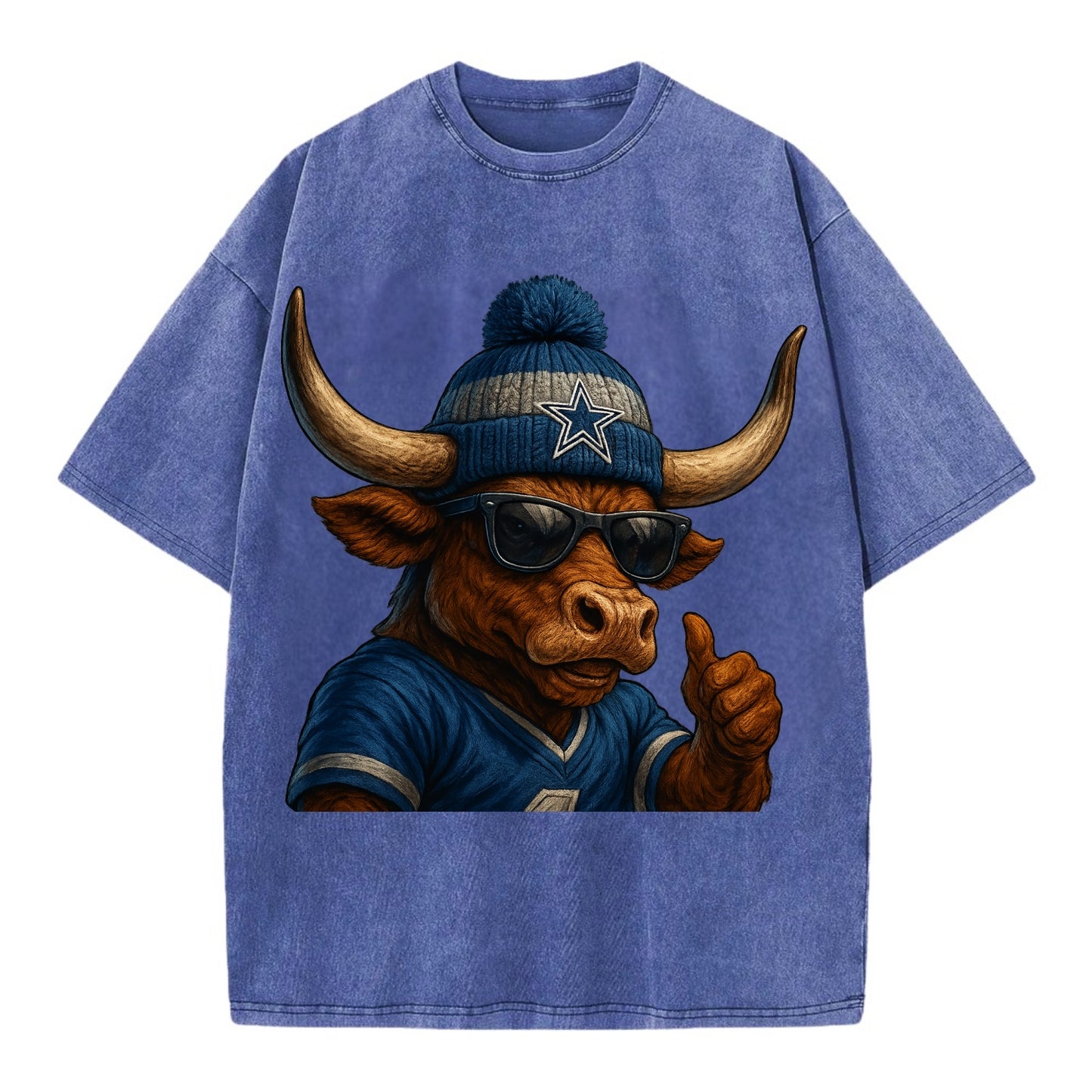 Texas Longhorn wearing Cowboys silver and blue beanie with star and wayfarer - Vintage T-shirt - Blue