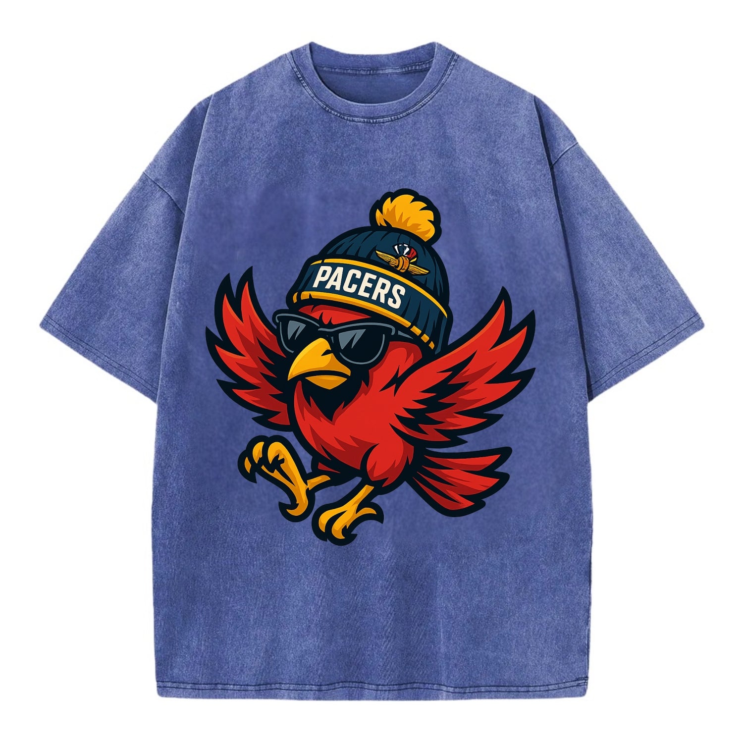 Indiana Cardinal wearing Pacers beanie with speedway patch and wayfarer sunglasses - Vintage T-shirt - Blue