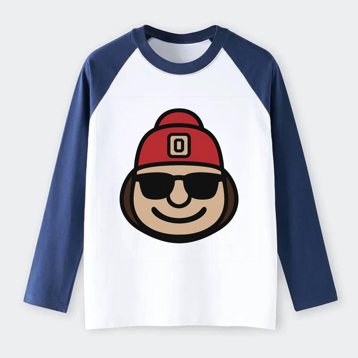Columbus Brutus wearing Ohio State beanie with Block O patch - Raglan Long Sleeve T-Shirt - Blue