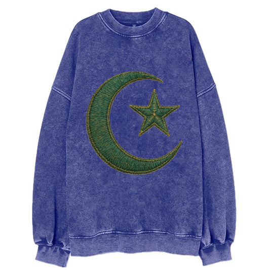 Crescent Moon and Star - Vintage Sweatshirt - Blue