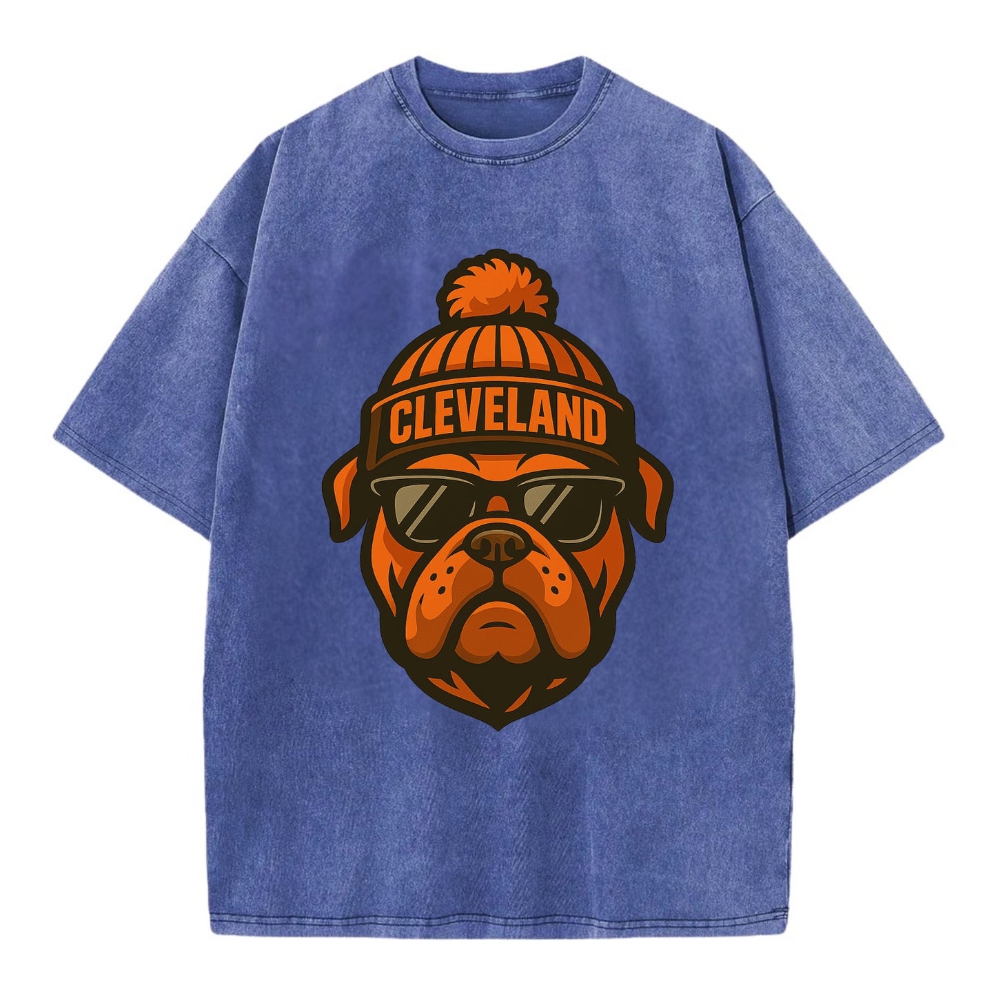 Cleveland Bulldog wearing Browns orange and brown beanie with pom pom and - Vintage T-shirt - Blue