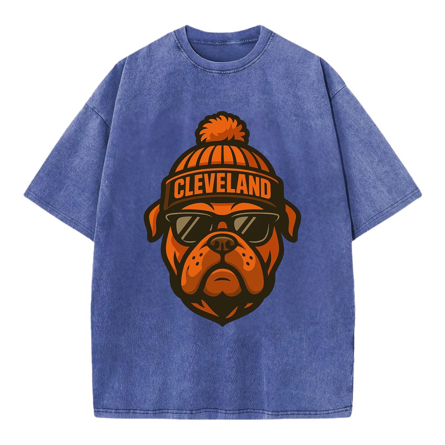 Cleveland Bulldog wearing Browns orange and brown beanie with pom pom and - Vintage T-shirt - Blue