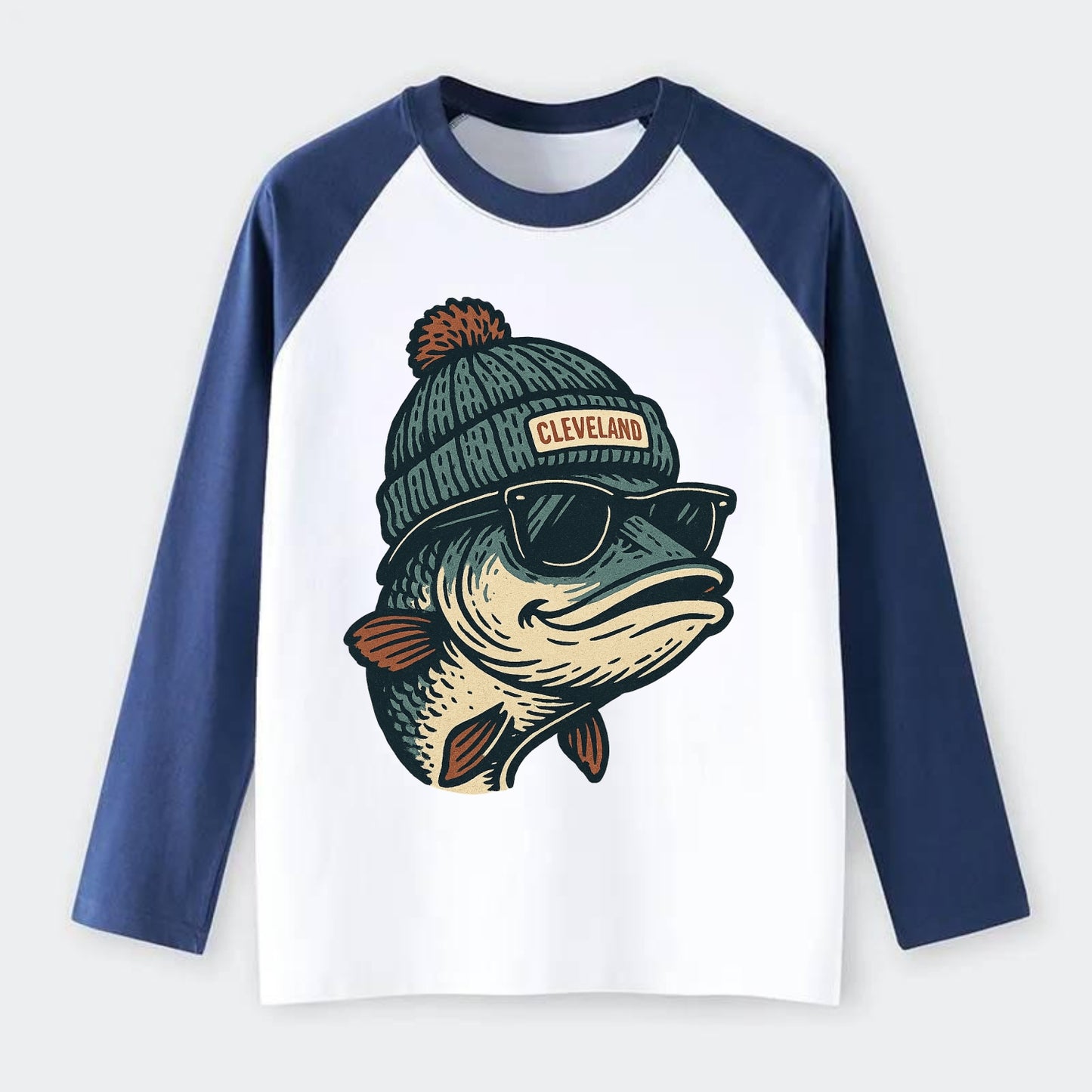 Cleveland Lake Erie Walleye wearing Cleveland beanie with pom pom and - Raglan Long Sleeve T-Shirt - Blue