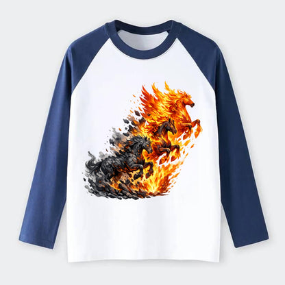INFERNO STALLION | Horse made entirely of living flames | Blazing mane - Raglan Long Sleeve T-Shirt - Blue