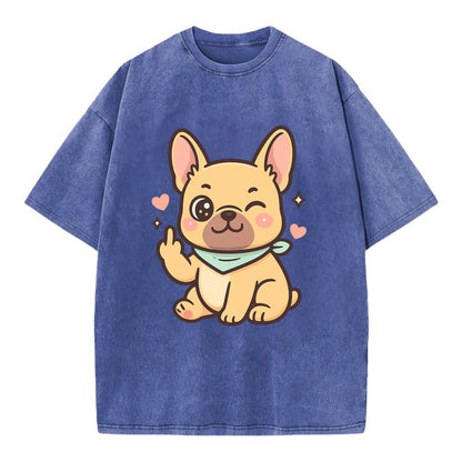 French Bulldog sitting with bat ears up, strong paw with sass - Vintage T-shirt - Blue