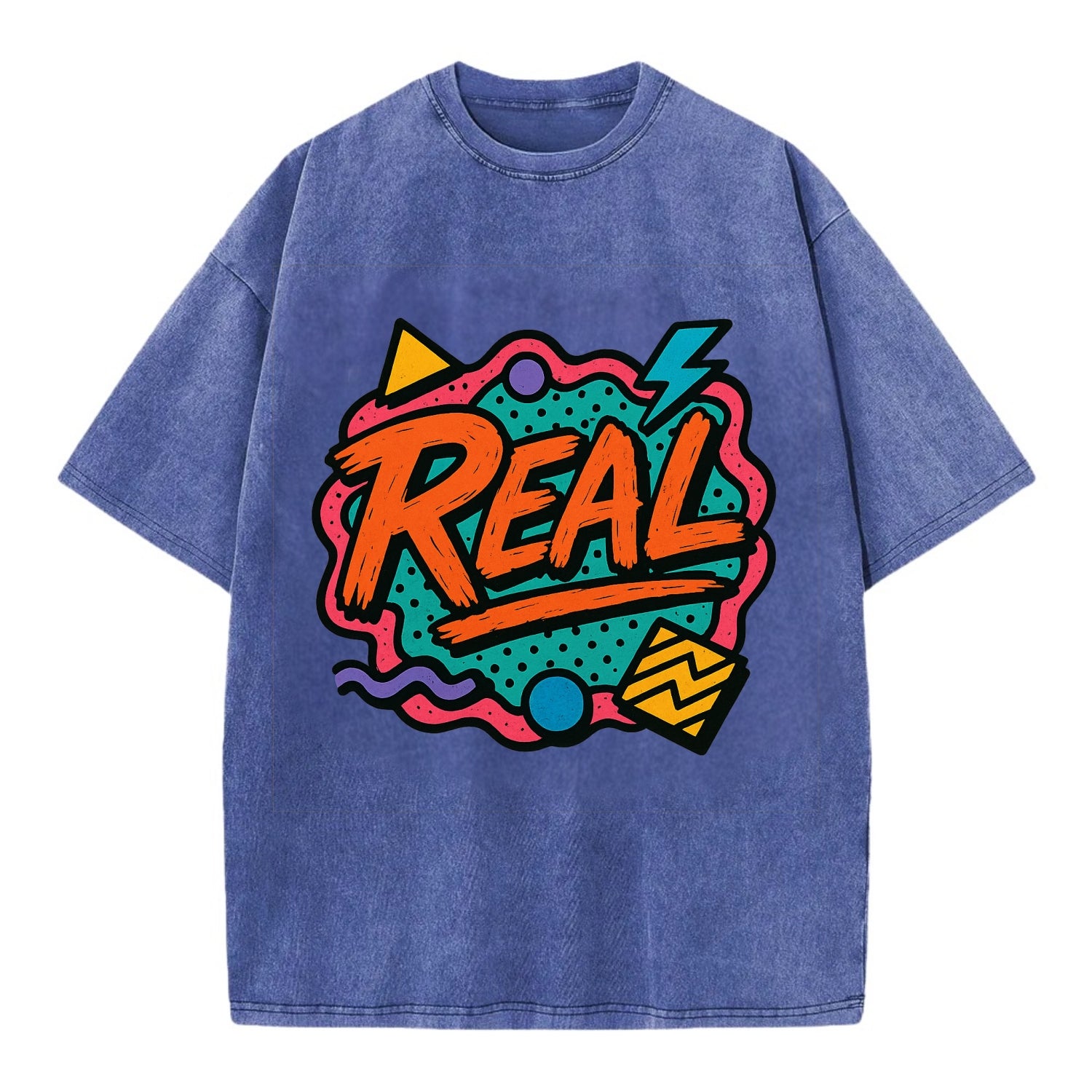 Imperfect brush strokes spelling "Real" - authenticity over perfection, raw and - Vintage T-shirt - Blue