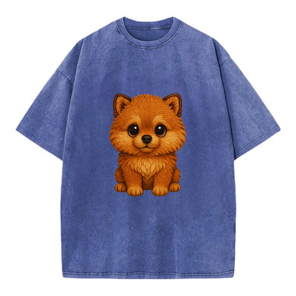 Baby Pomeranian Puppy - fluffy orange ball, fox face, tiny body, bright eyes, - Vintage T-shirt - Blue