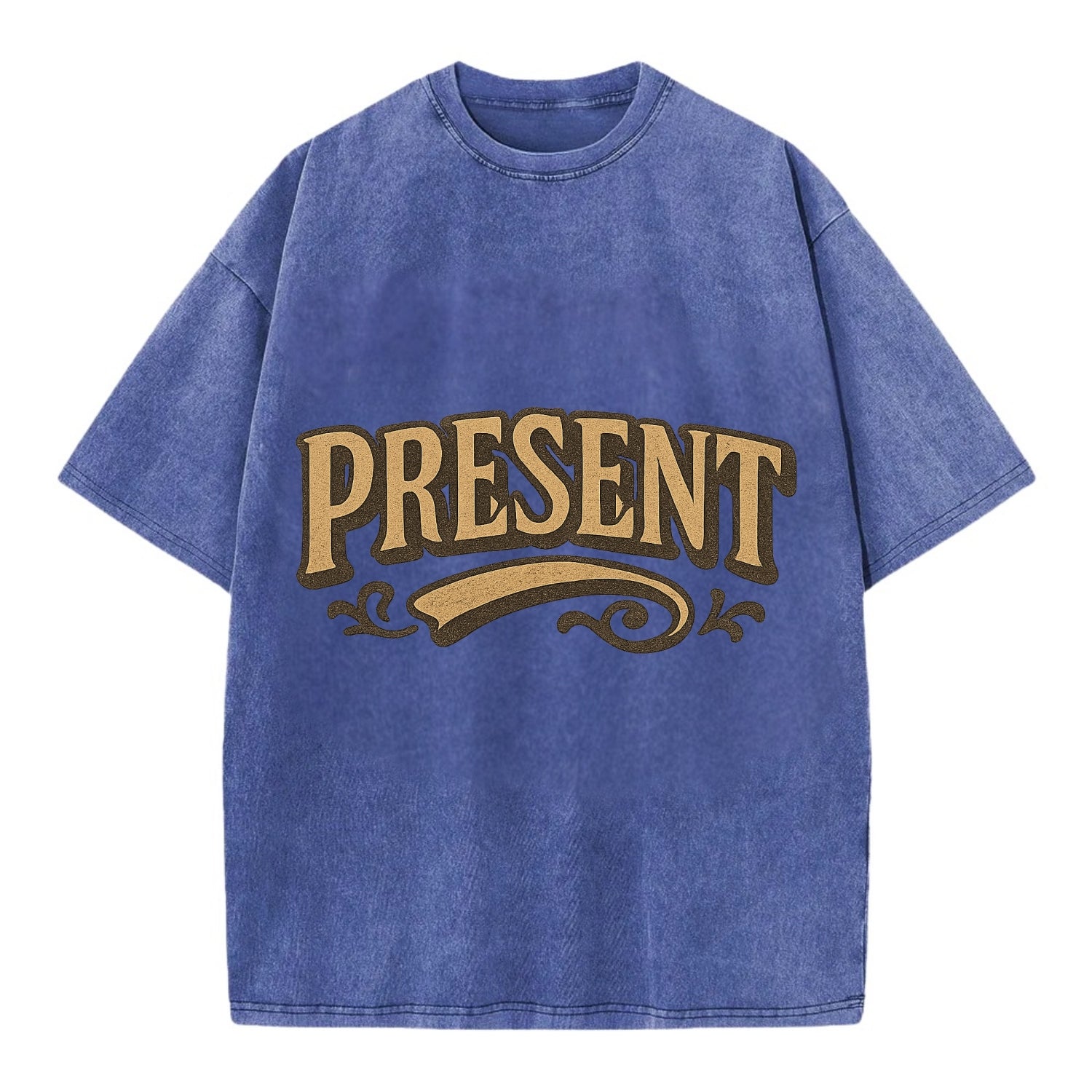 Bold typography design - "PRESENT" - living in the now - Vintage T-shirt - Blue
