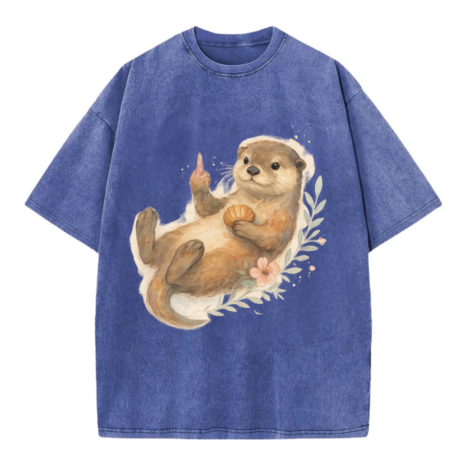 adorable otter floating on back, middle finger up while holding a shellfish - Vintage T-shirt - Blue