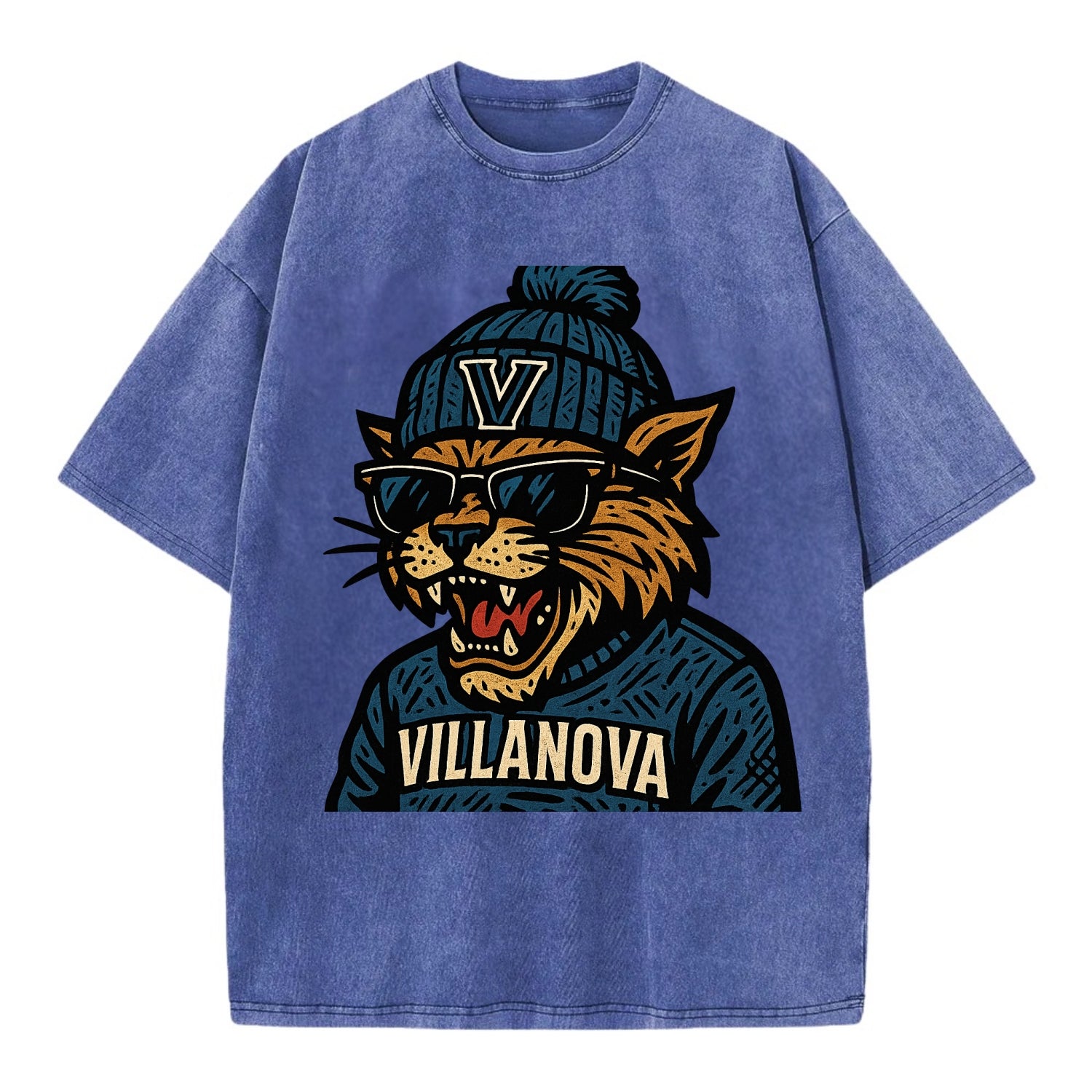 Villanova Wildcat wearing Villanova beanie with V patch - Vintage T-shirt - Blue