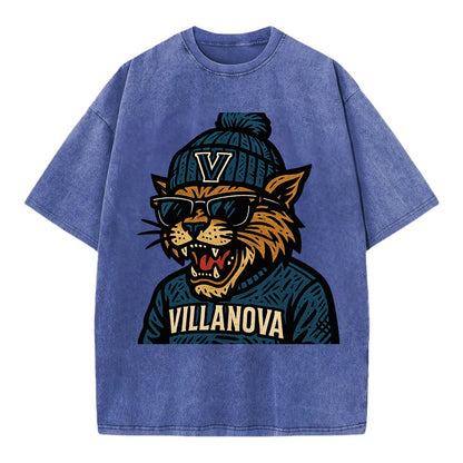 Villanova Wildcat wearing Villanova beanie with V patch - Vintage T-shirt - Blue